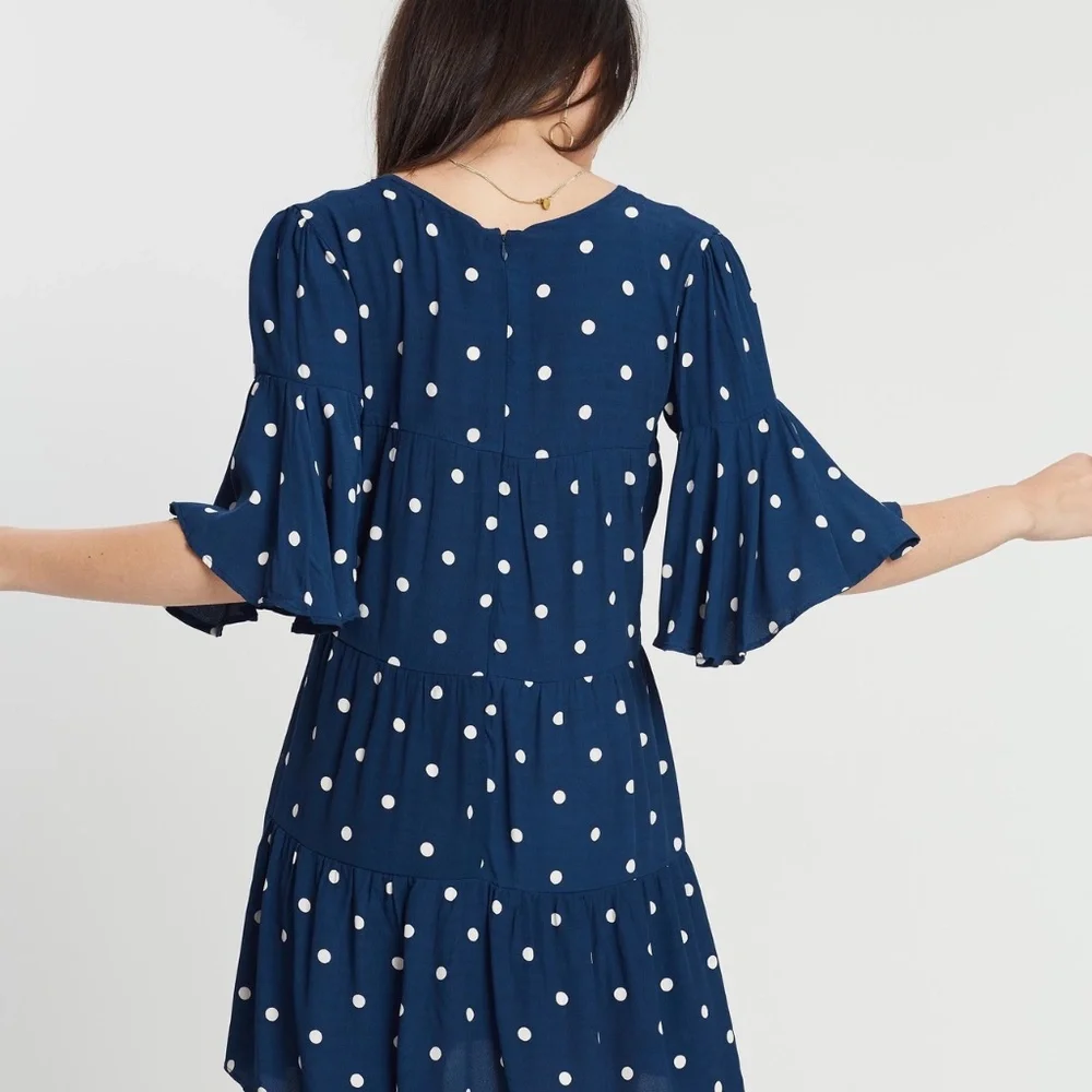 Faithfull the Brand Navy Blue Vintage Fresa White Polka Dot Dress Size 4 - Picture 3 of 12